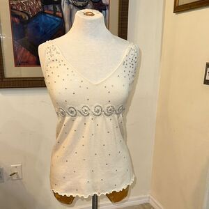 Whim 100% Cashmere Ivory Silver Embellished Top w/ Pearl Straps Size Small